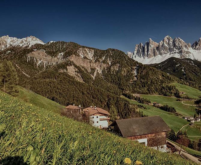 Our mountain farm with the snow-capped Geisler peaks in the background