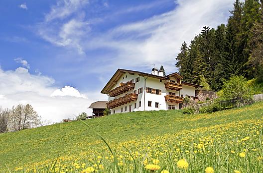 Der Grunserhof liegt am Waldrand und ist von blühenden Wiesen umgeben.