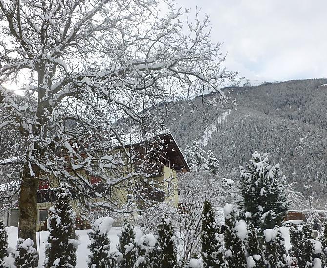 Manchmal viel Schnee, Rodelbahnen in der Nähe, Langlaufen und Zauberteppich im Martelltal, viele Tiere im Stall.