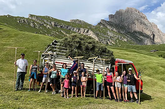 Lots of busy helpers at the hay harvest on the Seceda Alm pasture