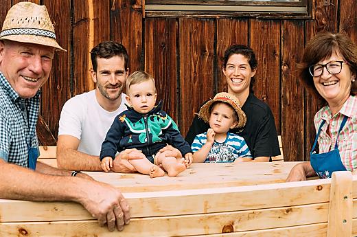 Farmer Sepp and his wife Agnes, their son Gerhard with his wife Elisabeth and their sons Jakob and Tobias