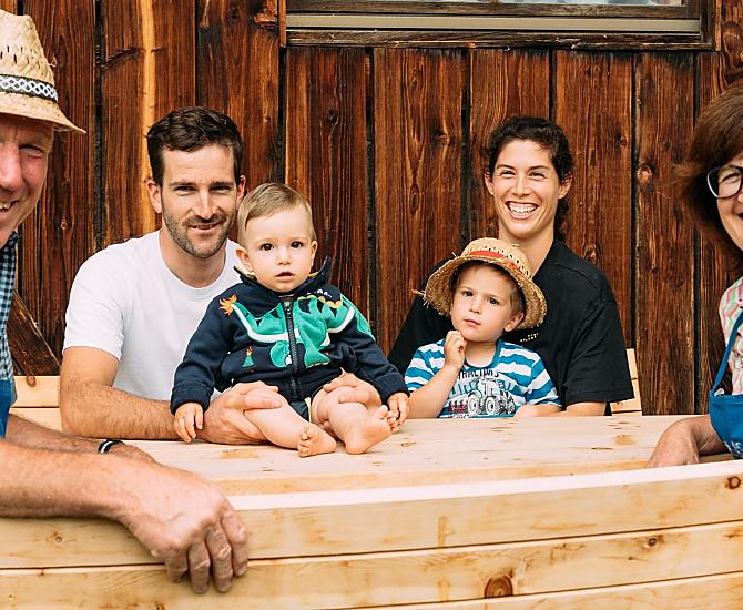 Farmer Sepp and his wife Agnes, their son Gerhard with his wife Elisabeth and their sons Jakob and Tobias