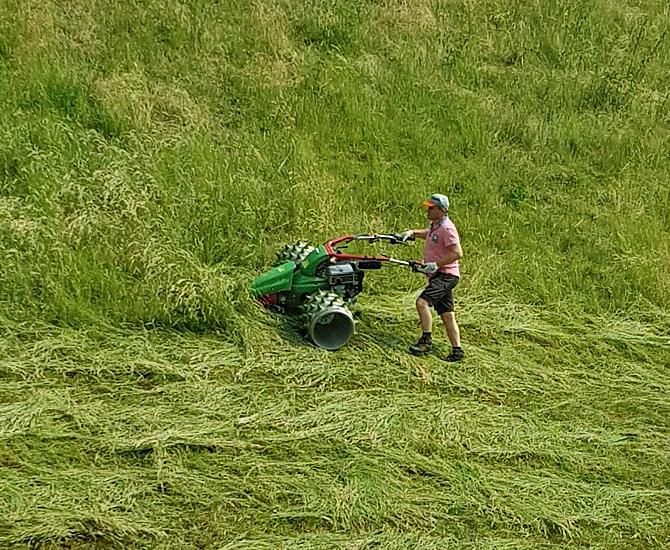 Gastgeber und Bauer Herbert mäht das Gras auf unseren steilen Bergwiesen mit der Stachelwalzen-Mähmaschine.