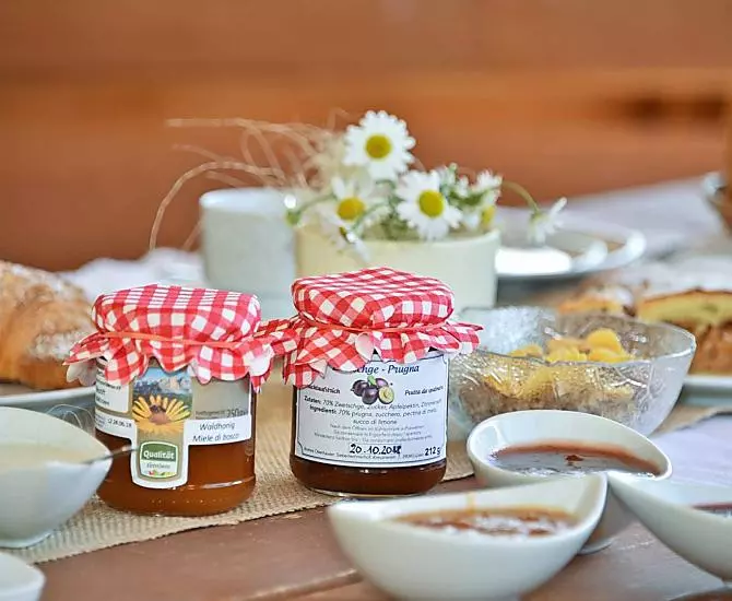 Breakfast with our own fruit spreads made from our fruit and honey from our bees, homemade apple strudel and cake