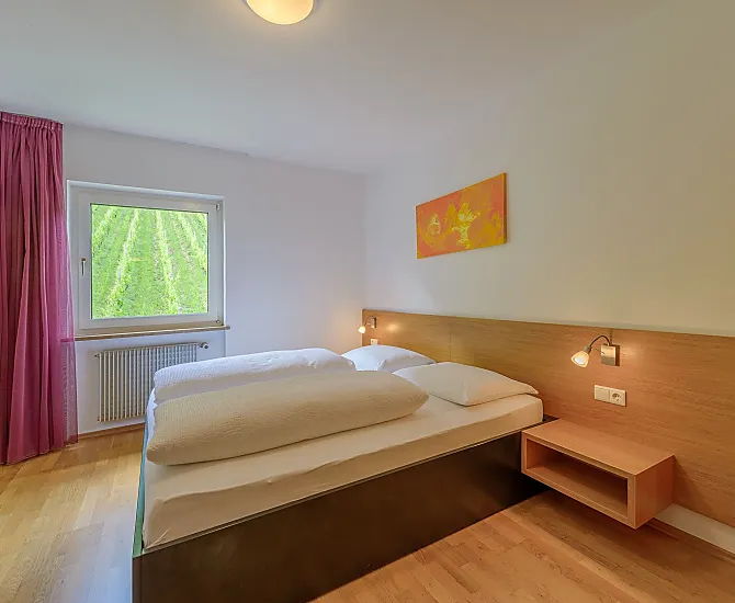 Doppelzimmer mit Weinbergblick und großem Bad mit begehbarer Dusche und dreiteiligem Schrank, Holzboden, Bettenlänge 210 cm.