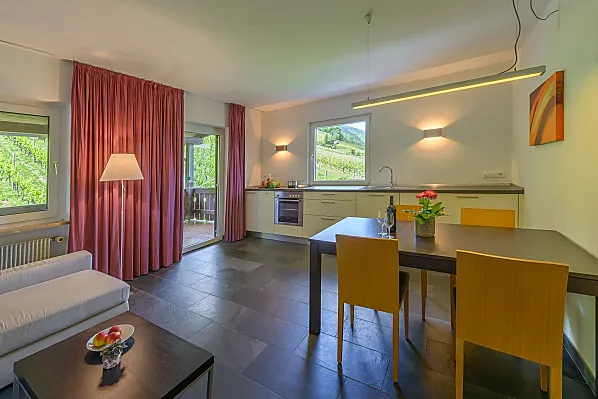 Wohnküche mit überdachter Terrasse, Weinbergblick, Tramin Blick und auf den Poolbereich