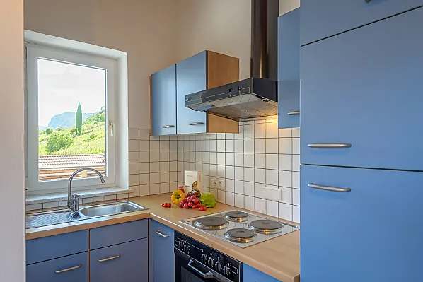 Küche mit mediterranem Ausblick, Kühlschrank mit Gefrierfach, Kochfeld mit Abzugshaube, Backofen, Kaffeemaschine und Wasserkocher, Geschirr